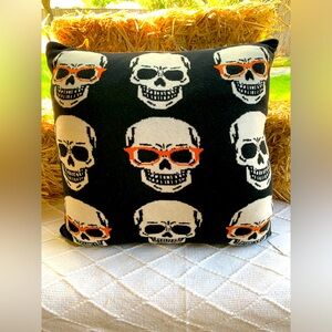 Halloween Decor 20”x20” Pillow Skull Skeleton with Glasses Huge Fluffy Black- NW